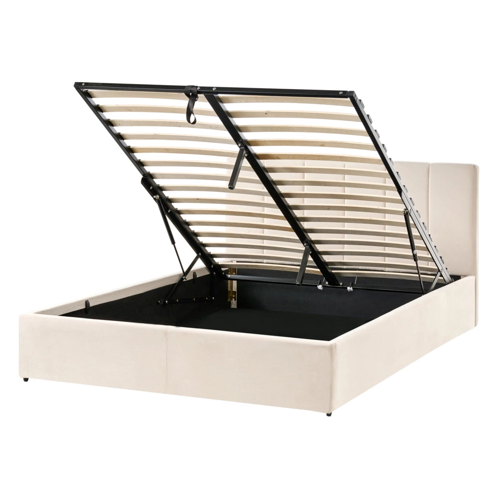 Letto contenitore Rivestimento in velluto beige 140 x 200 cm con testiera a doghe