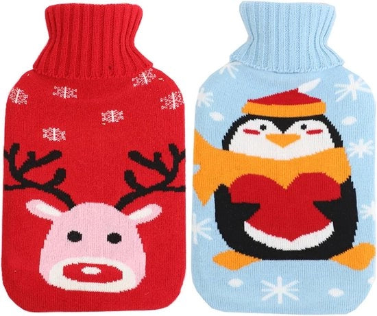 Borsa di acqua calda - cappuccio a maglia - sacchetto di calore rimovibile e lavabile - rosso e blu - 2 pezzi