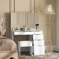 Set Tavolo da Trucco con Specchio e 5 Cassetti 97.2x44.5x136.5 cm e Sgabello Imbottito 40x24x46 cm, Bianco