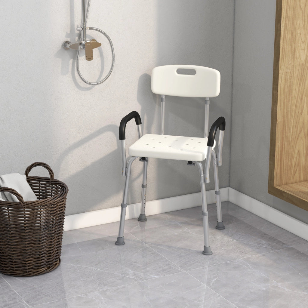 Sedia da Doccia in HDPE a 6 Altezze Regolabili con Schienale e Braccioli, 47x50x74-87 cm, Bianco e Argento