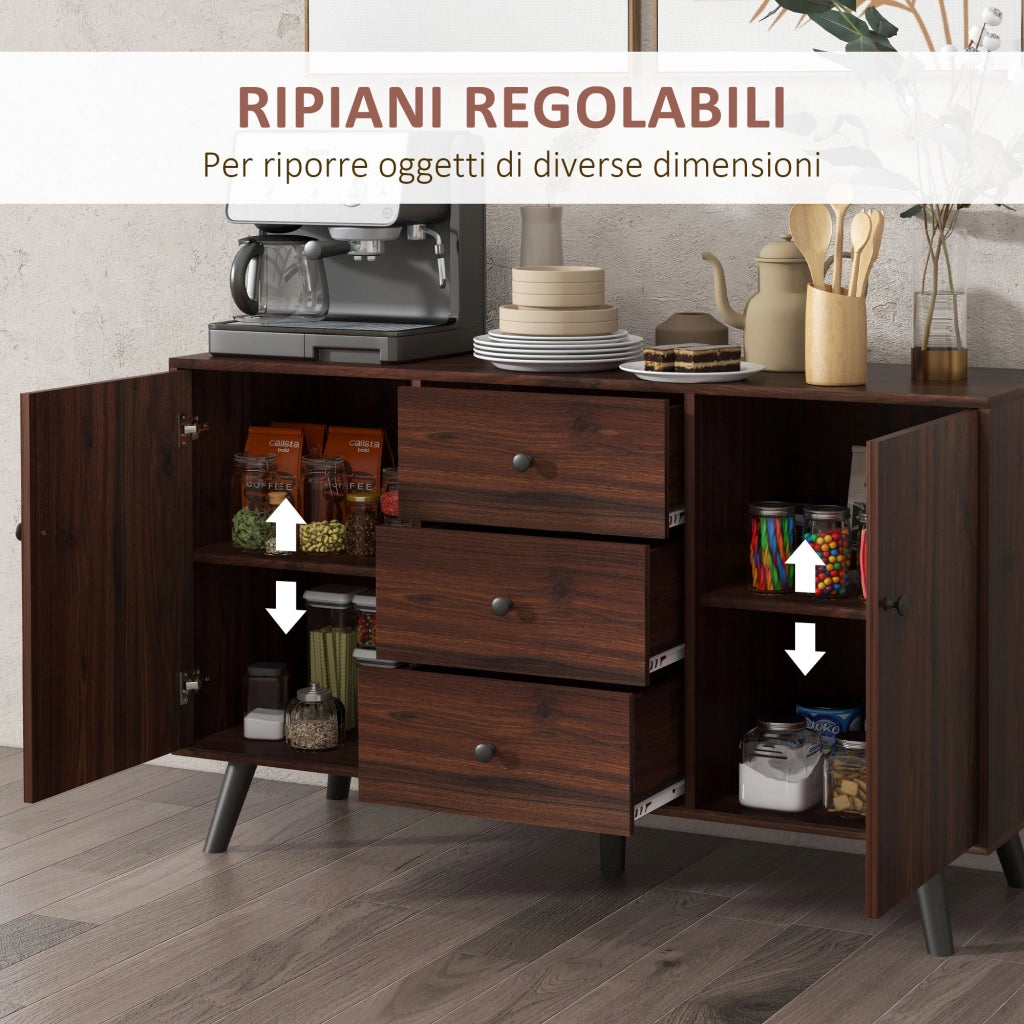 Credenza Moderna in Legno e Truciolato con 2 Armadietti e 3 Cassetti, 127x40x76 cm, Marrone e Nero