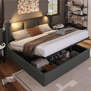 OKWISH Letto Contenitore 140×200 cm, Letto Matrimoniale con Vano, Lampada da Lettura, USB e Tipo C, senza Materasso, in PU, Grigio