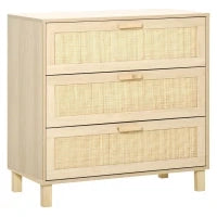 Cassettiera a 3 Cassetti in Legno e Rattan Stile Boho Chic, 80x40x80cm