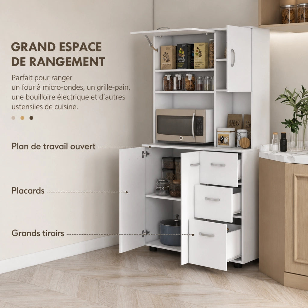 Credenza da cucina 89x39.5x168 cm con 3 cassetti; ripiani regolabili in legno bianco