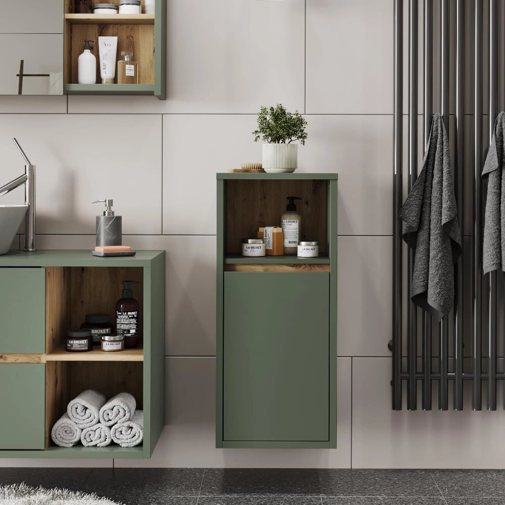 Mobiletto midi Viola, Verde/Artigianale, 33 x 80 cm con porta e ripiano aperto, per montaggio a parete con vani a giorno e vani chiusi