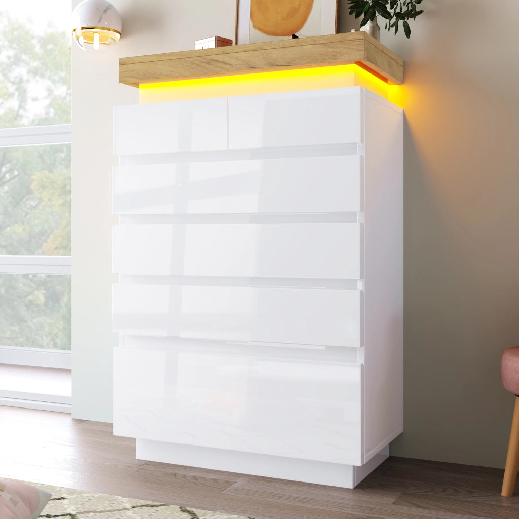 Comodino alto lucido con 6 cassetti e LED, credenza multiuso in bianco 115 x 73 x 39 cm