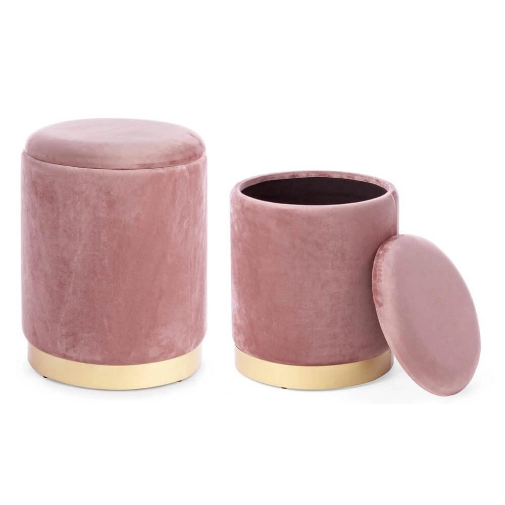 Set da 2 Pouf Contenitore Rotondi in Velluto con Base Dorata - SERENA
