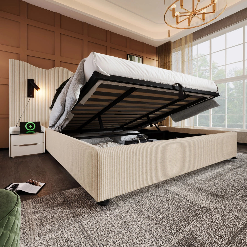 DESMIU Lit coffre 180 × 200 cm 2 posti con lampada da lettura, USB e Type-C, senza materasso, in velluto a coste, beige bianco