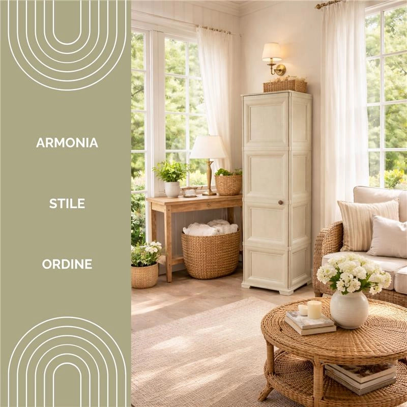 COLONNINA 4 MODULI IN PLASTICA EFFETTO LEGNO CON ANTE LISCE 40X43X164 CM, MOBILETTO ALTO MULTIUSO PER CAMERA, SALOTTO, STUDIO E HOME OFFICE