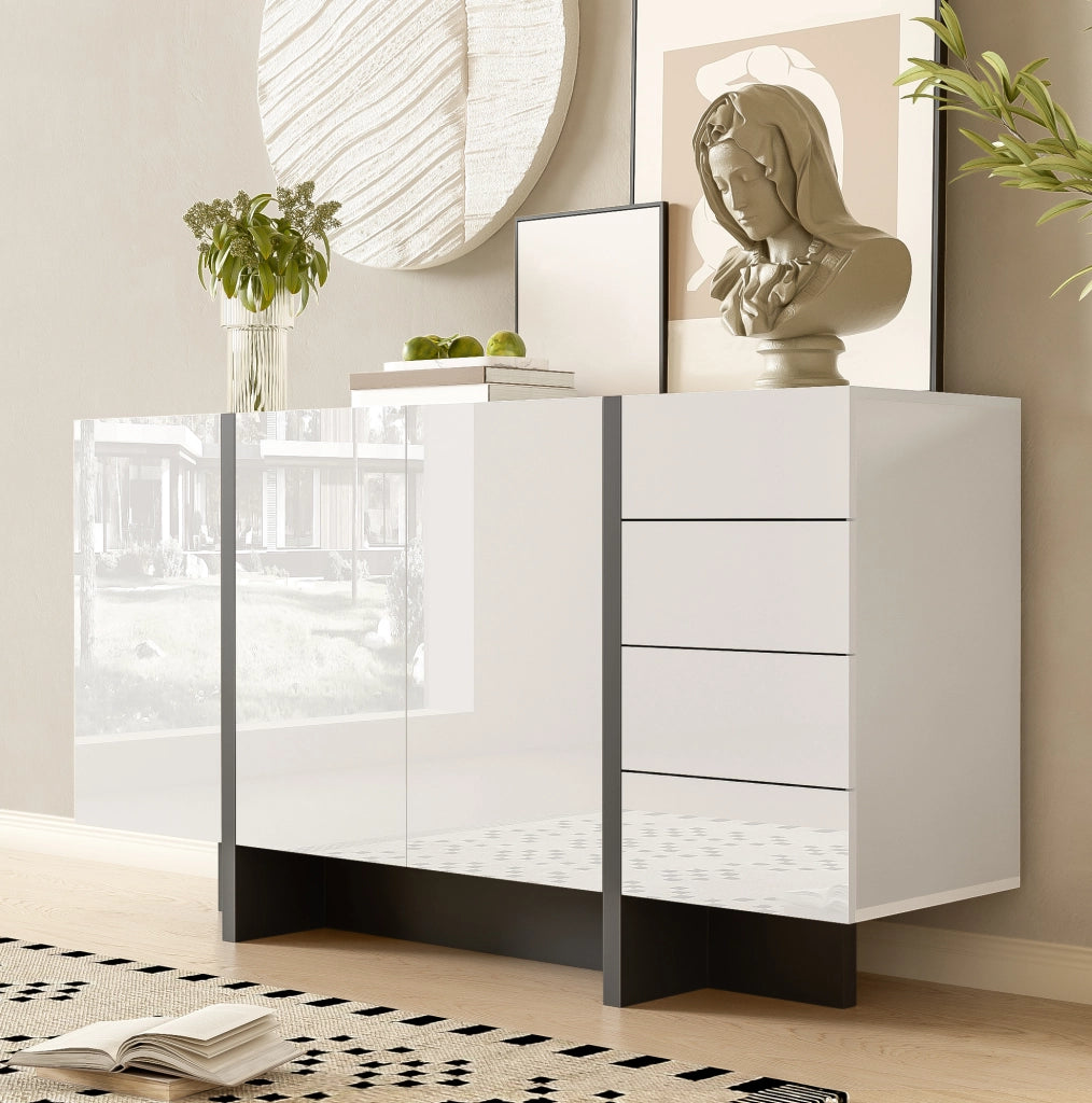 Credenza moderna bianca lucida e nera 150 cm con 2 ante e 4 cassetti