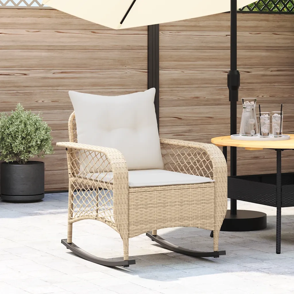 vidaXL Sedia a Dondolo da Giardino con Cuscini in Polyrattan Beige