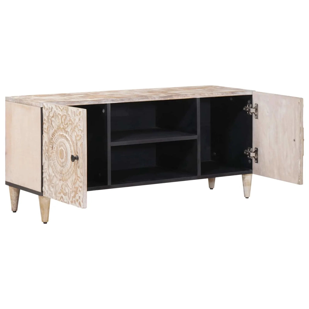 Mobile TV Bianco 105 x 33,5 x 46 cm Legno di mango massello