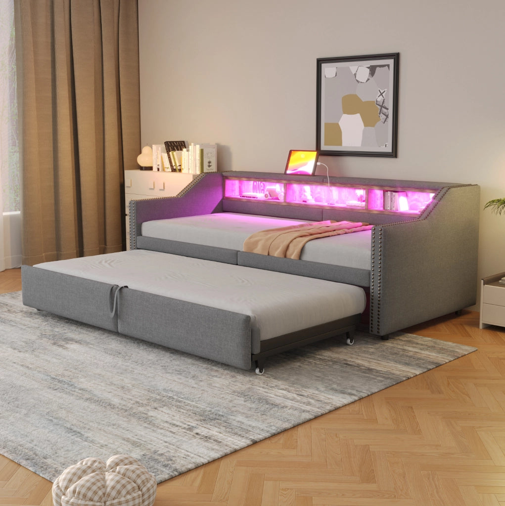 Letto estraibile imbottito 90/180x200 cm con LED, USB e 2 materassi grigio chiaro