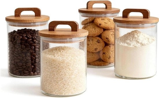 Contenitori Aerei in Vetro con Coperchio in Legno, 4 x 800 ml, Ideali per Cibo, Organizzazione della Cucina e Conservazione di Erbe