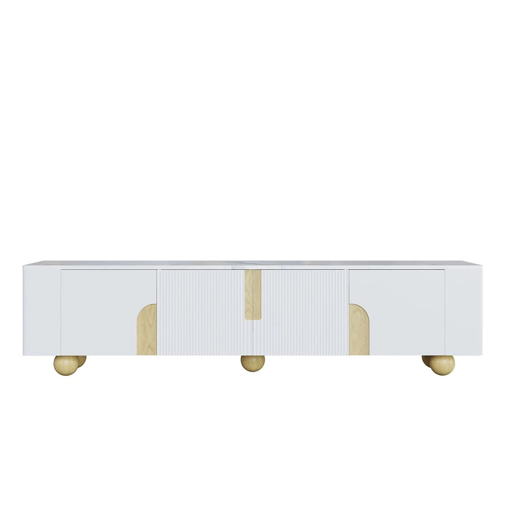 Mobile TV Bianco 180 cm ¨C Xylo ¨C 4 Ante, Design Elegante, Effetto Marmo, Gambe in Legno