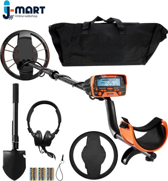 Set Completo di Metalldetector con Batterie, Lancia, Casco e Borsa - Impermeabile - Regolabile in Lunghezza - 25cm Cerchio di Ricerca