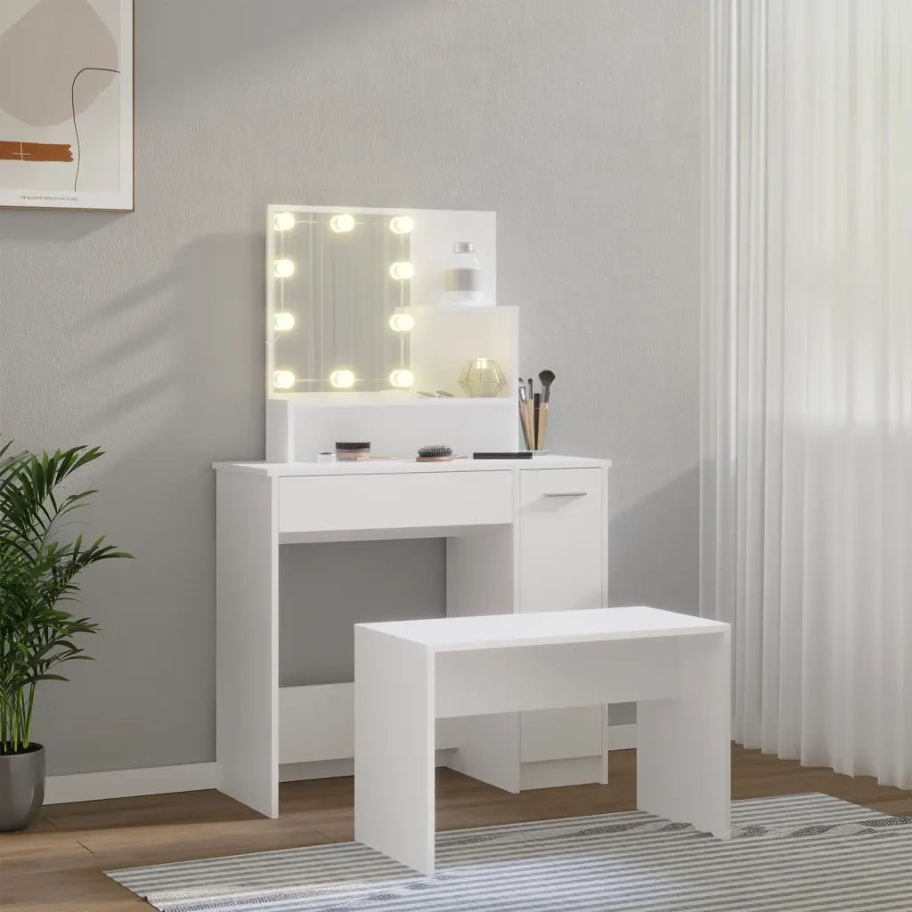 Set Tavolo da Toeletta | Tavolo da Trucco Bianco con LED in Legno Multistrato