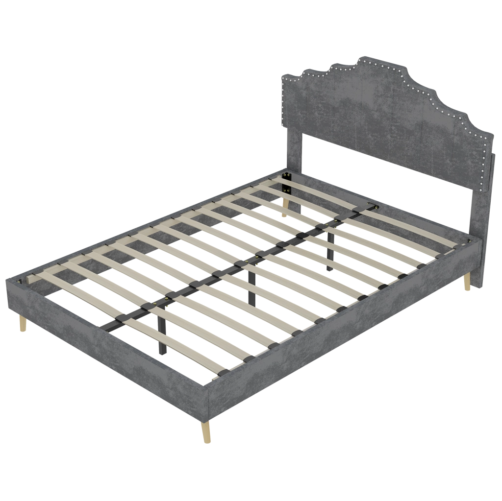Letto imbottito con testiera geometrica e rete a doghe; 140 x 200 cm; grigio