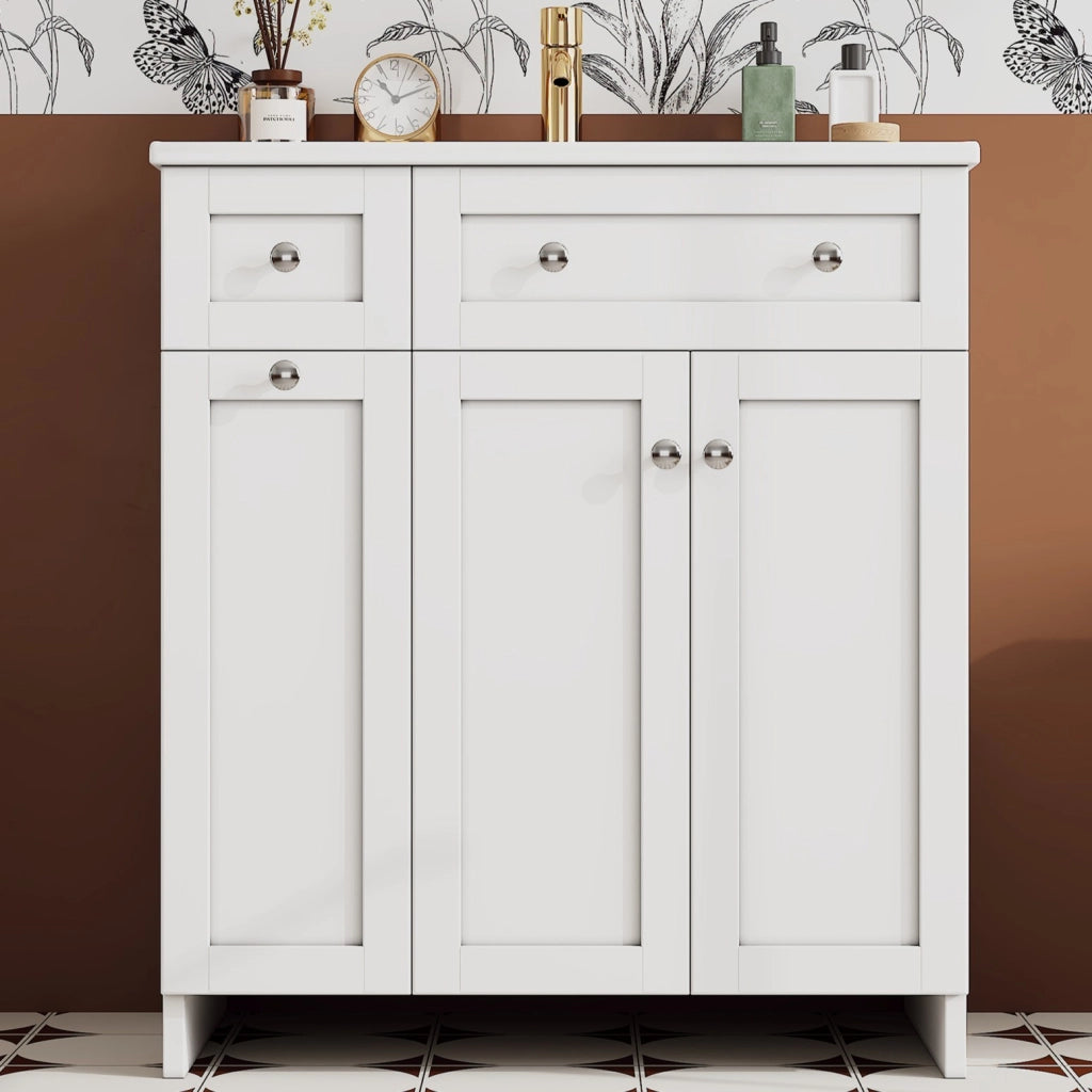 Mobile bagno freestanding con lavabo in ceramica, 76x47x86 cm, bianco, in MDF con finitura laccata, 3 cassetti e anta, chiusura soft-close