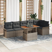 Set da pranzo da giardino 7 pezzi con cuscini in polirattan grigio e acacia