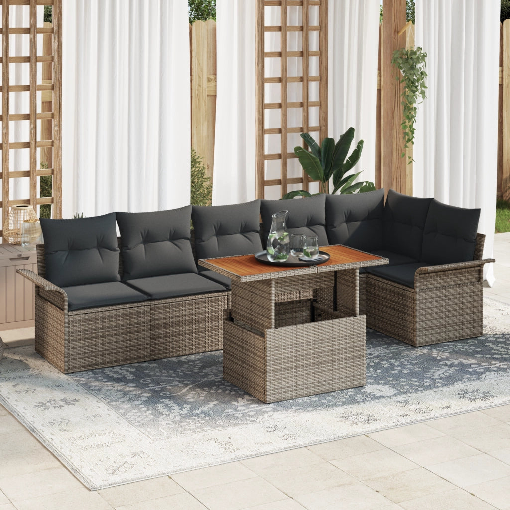 Set da pranzo da giardino 7 pezzi con cuscini in polirattan grigio e acacia