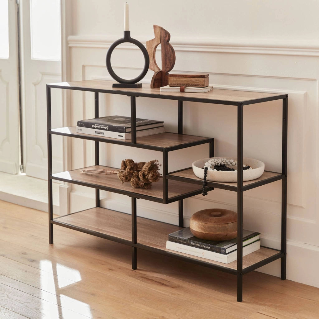 Libreria industriale in metallo ed effetto legno, 5 livelli, marrone