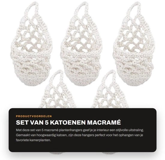 Set di 5 Hanger per Fiori in Macramé - Hanger per Pianta - Supporto per Pianta - Decorazione per Parete - 20 x 10 cm Filo di Cotone