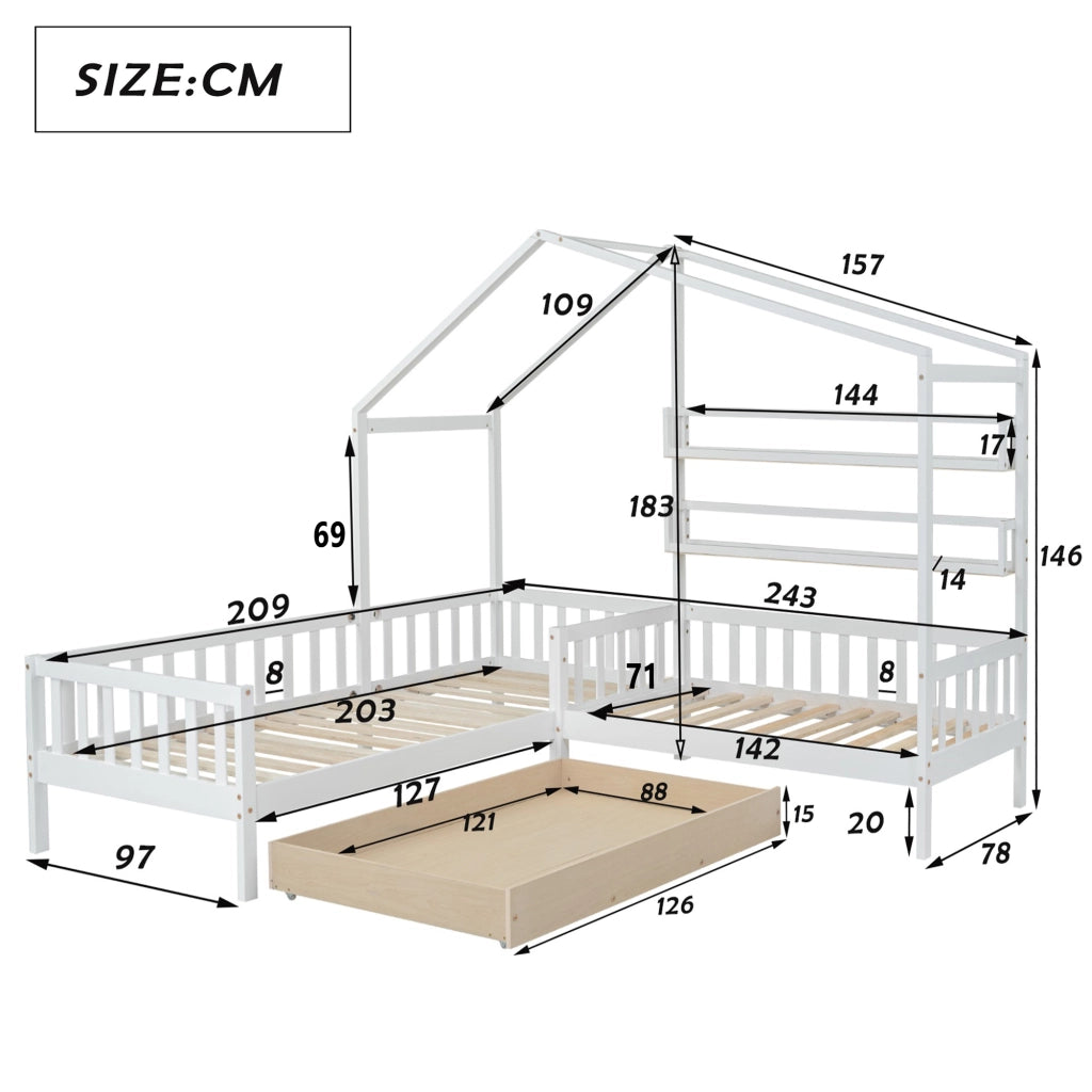 Letto a casa per bambini bianco con cassetti e mensole in legno massello e mdf struttura l 90x200 cm