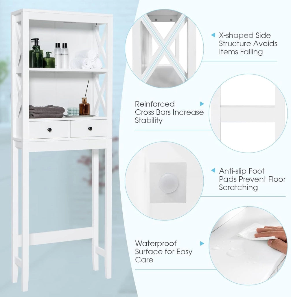 Scaffale per WC, in legno, per lavatrice, salvaspazio, sottile, 2 cassetti e 2 ripiani, colore: bianco