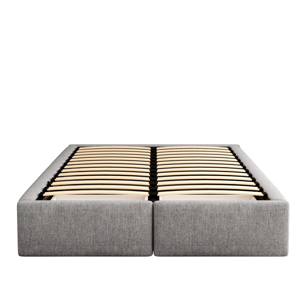 Letto imbottito 140x200 cm; con contenitore idraulico e 2 cassetti; tessuto cotone e lino; grigio