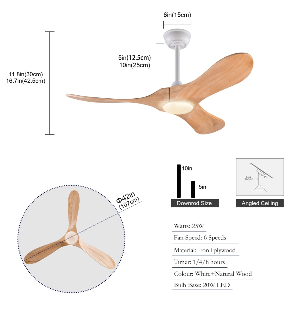 Ventilatore da soffitto 107x107x30 cm in legno e metallo bianco, 6 velocità –