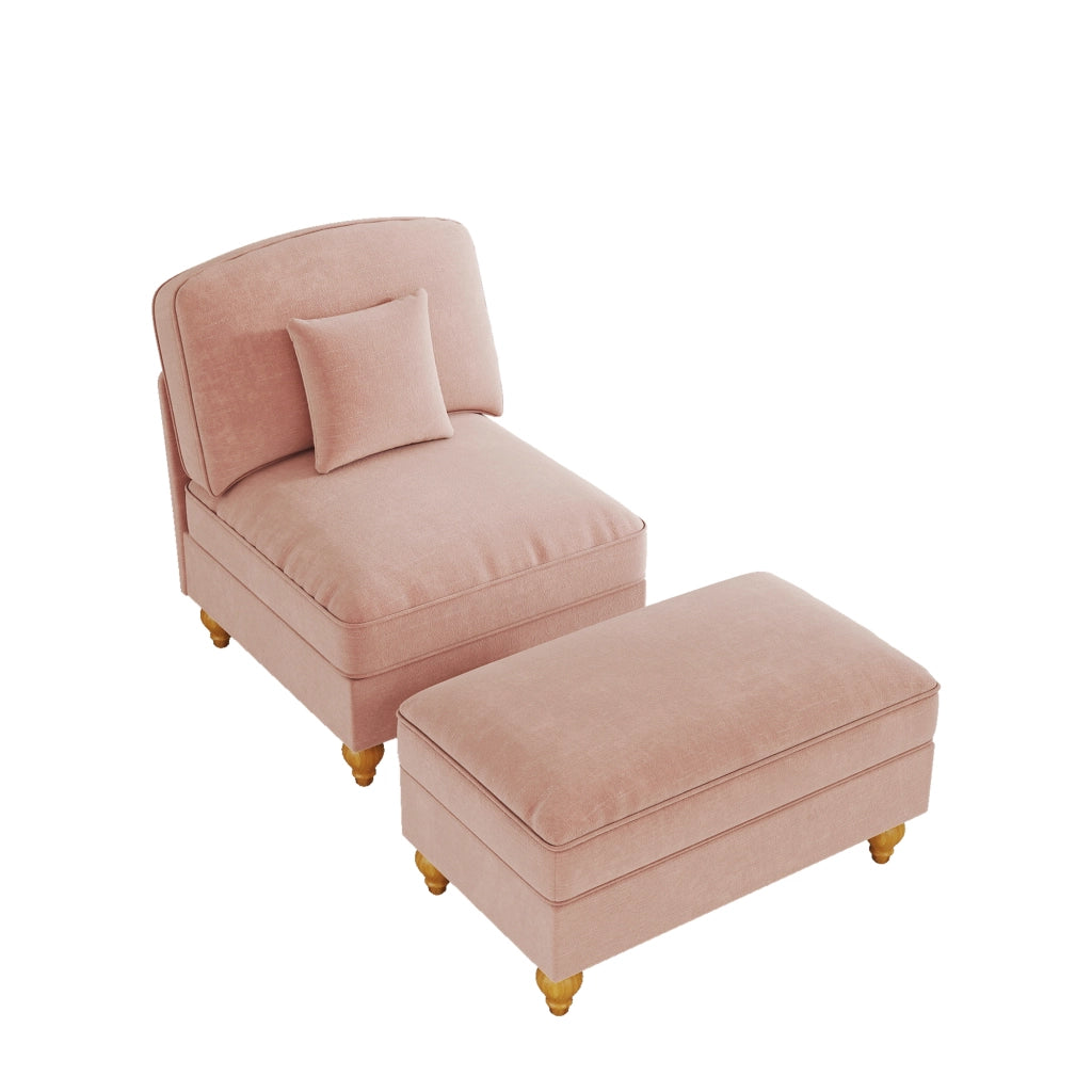 Poltrona lounge con pouf e gonna rimovibile; seduta morbida e gambe a fuso in chenille rosa
