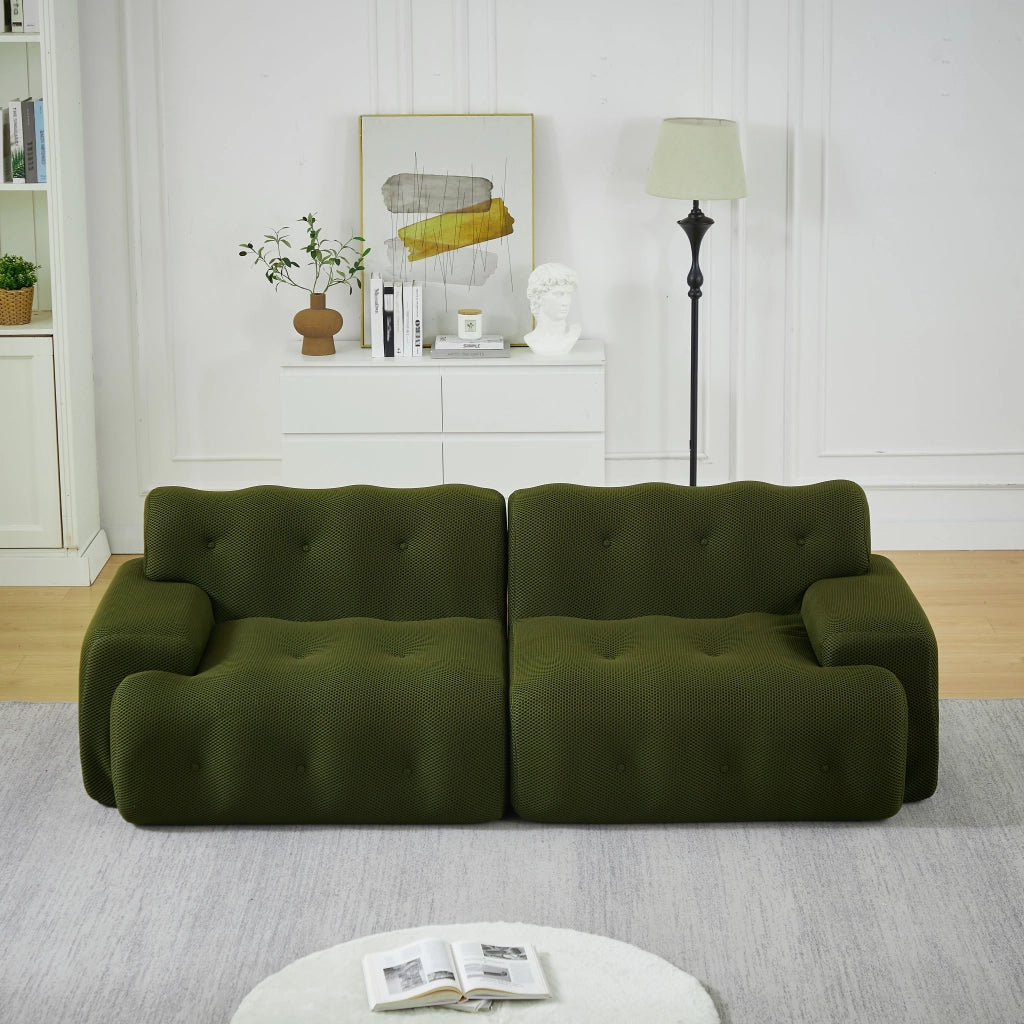 Divano a due posti in tessuto con braccioli ampi, bottoni cuciti a mano e base antiscivolo verde 224 × 104 × 66 cm