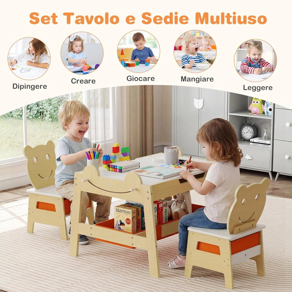 Set Tavolo e 2 Sedie per Bambini, 5 in 1 Tavolino e Sedie con 4 Ganci, 3 Scatole in Tessuto e Lavagna Reversibile per Bambini 3+ Anni per Cameretta Ragazzi (Naturale, Stile 5)