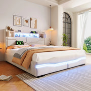Letto imbottito 160x200 cm con contenitore e LED; prese USB e Tipo-C in lino beige