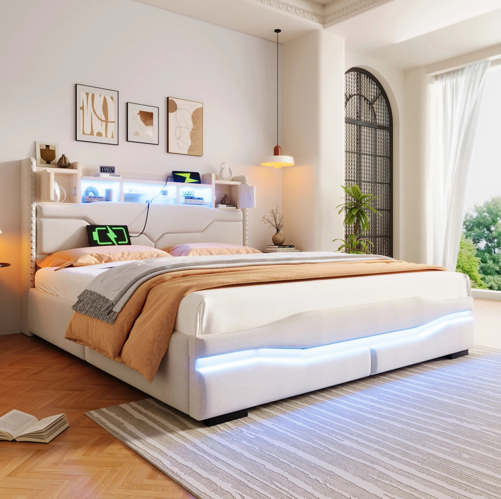 Letto imbottito 160x200 cm con contenitore e LED; prese USB e Tipo-C in lino beige