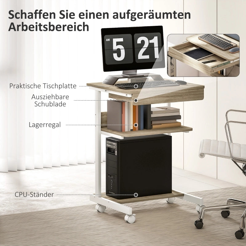 SCRIVANIA COMPATTA 56 x 51 cm con cassetto e ripiani, rovere, su ruote