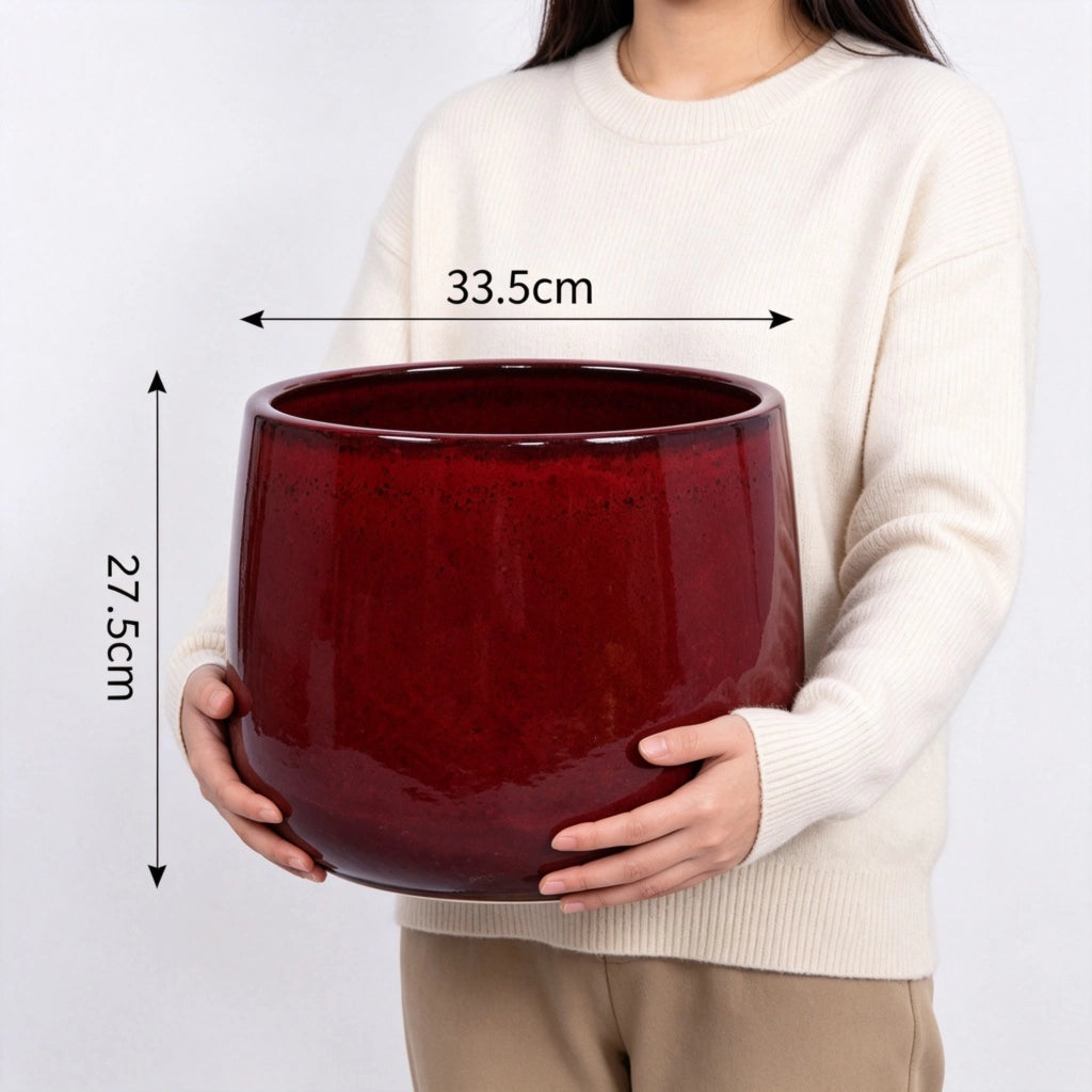 Fioriera a più livelli in ceramica smaltata lucida rossa, set 4 pezzi con foro di drenaggio per interno e giardino