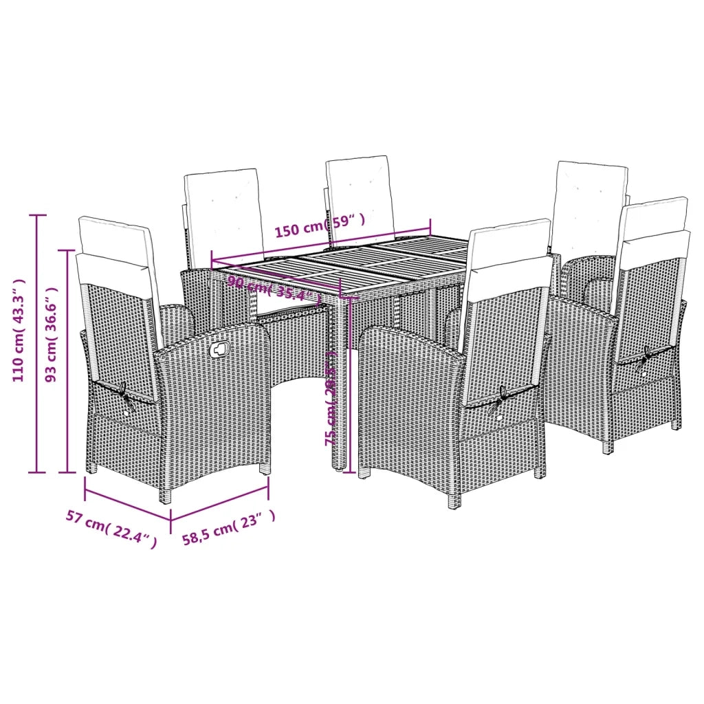 Set da Pranzo da Giardino 7 pz Nero con Cuscini in Polyrattan