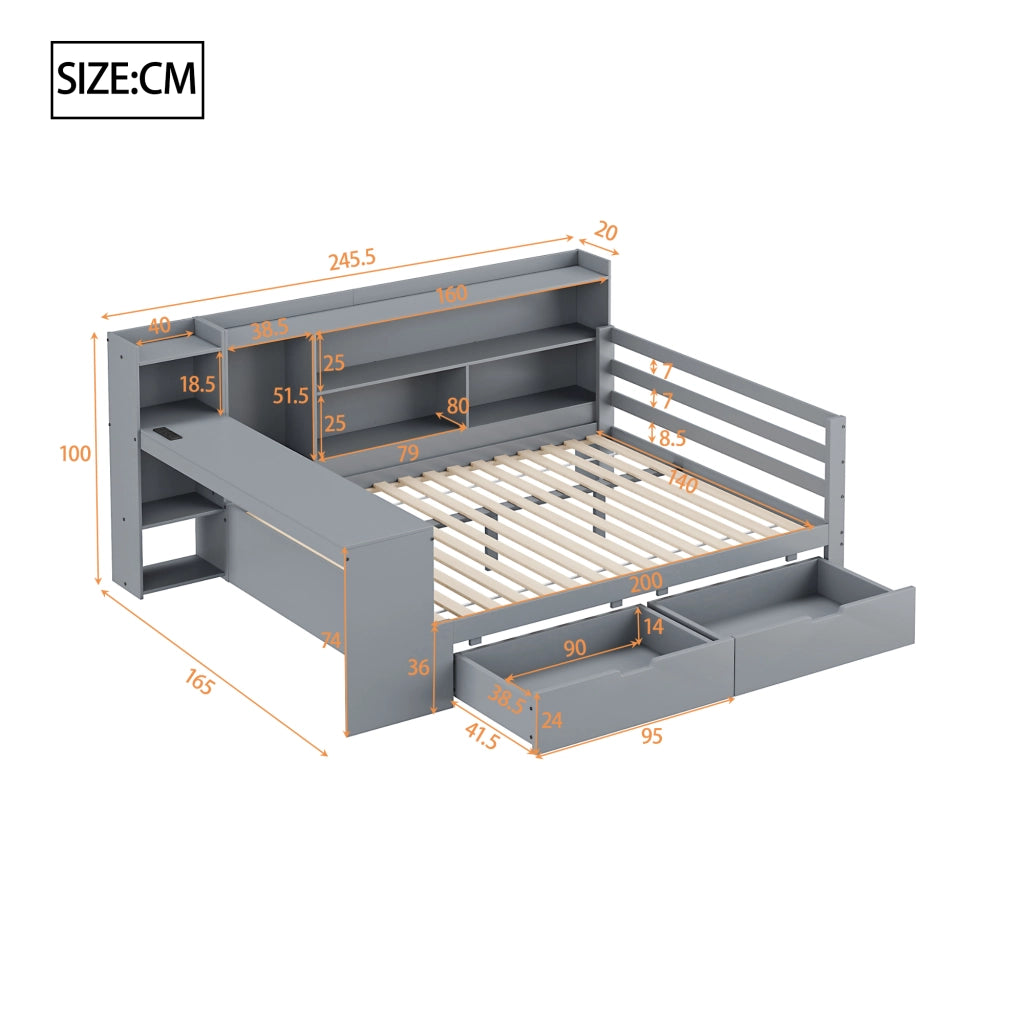 Letto divano 140 × 200 cm con scrivania, scaffali, 2 cassetti, prese USB e contenitore, senza materasso, grigio