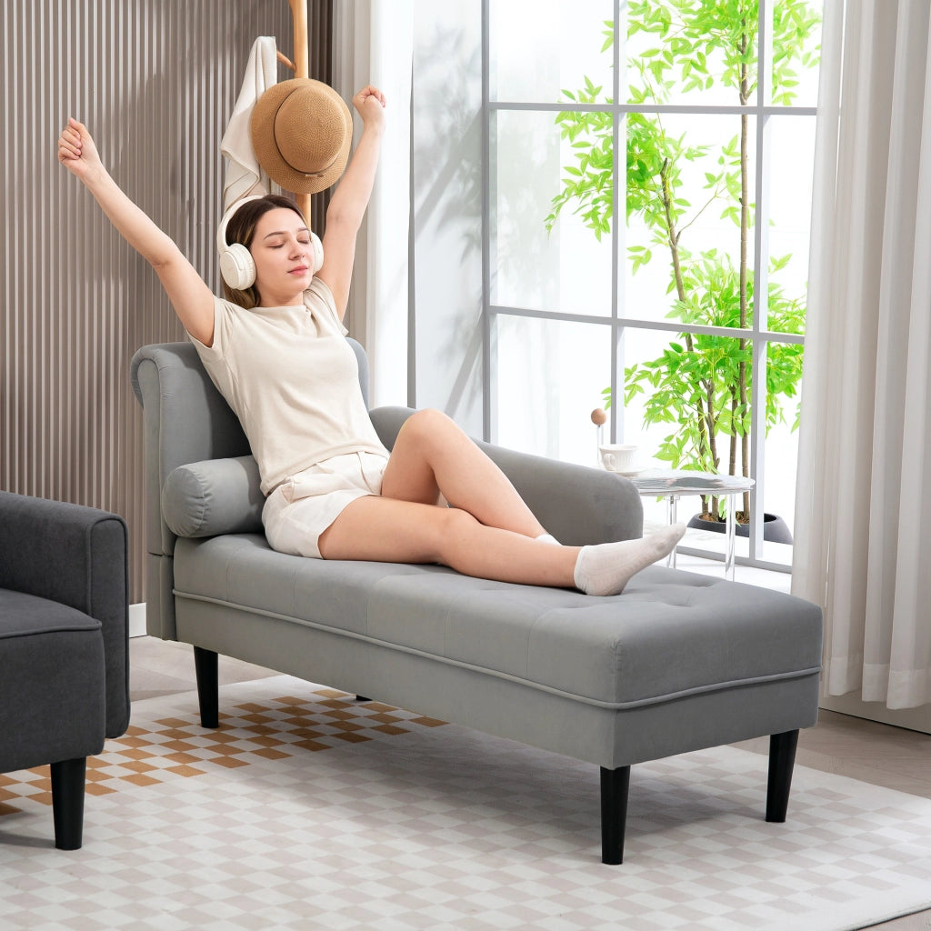 Poltrona Chaise Longue 146x61x82,5 cm Con Sponte e Cuscino Rivestimento Trapuntato Effetto Velluto Grigio