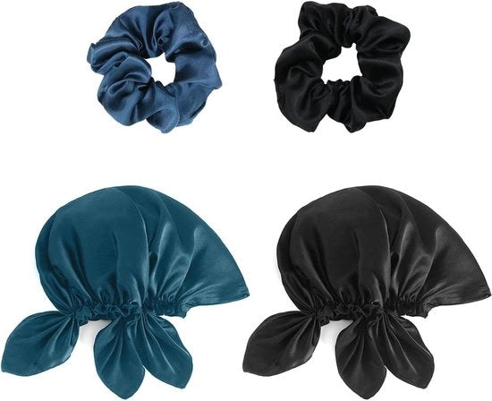 Due copri capelli in seta per donna con cintura elastica regolabile - blu nero.