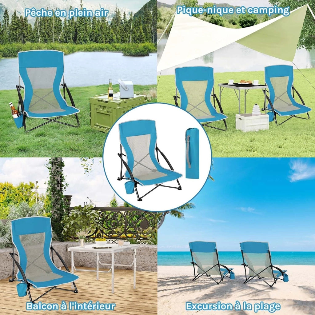 Sedia da Spiggia/Campeggio Bassa Pieghevole Set di 2, Sedia Portatile da Esterno Leggera con Schienale in Rete Traspirante, Portabicchieri, Borsa di Trasporto, Blu