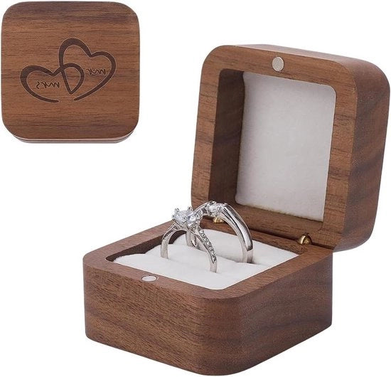 Ringbox in legno con doppia scanalatura e anello con incisione - Cassaforte per anelli rustica per matrimonio e fidanzamento - Tela bianca in velluto - 5,5 x 5,5 x 3,7 cm