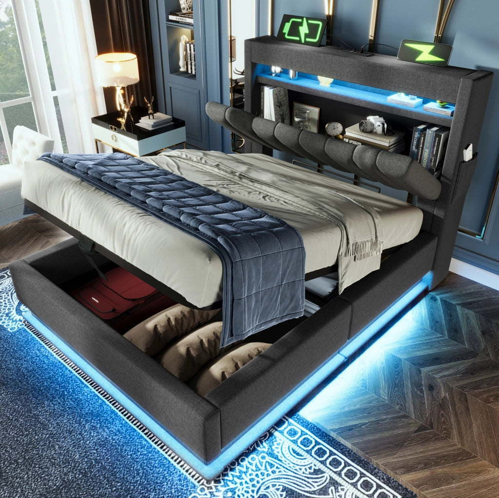 Letto singolo 90x200 cm in lino grigio con LED; USB; Type-C e contenitore idraulico