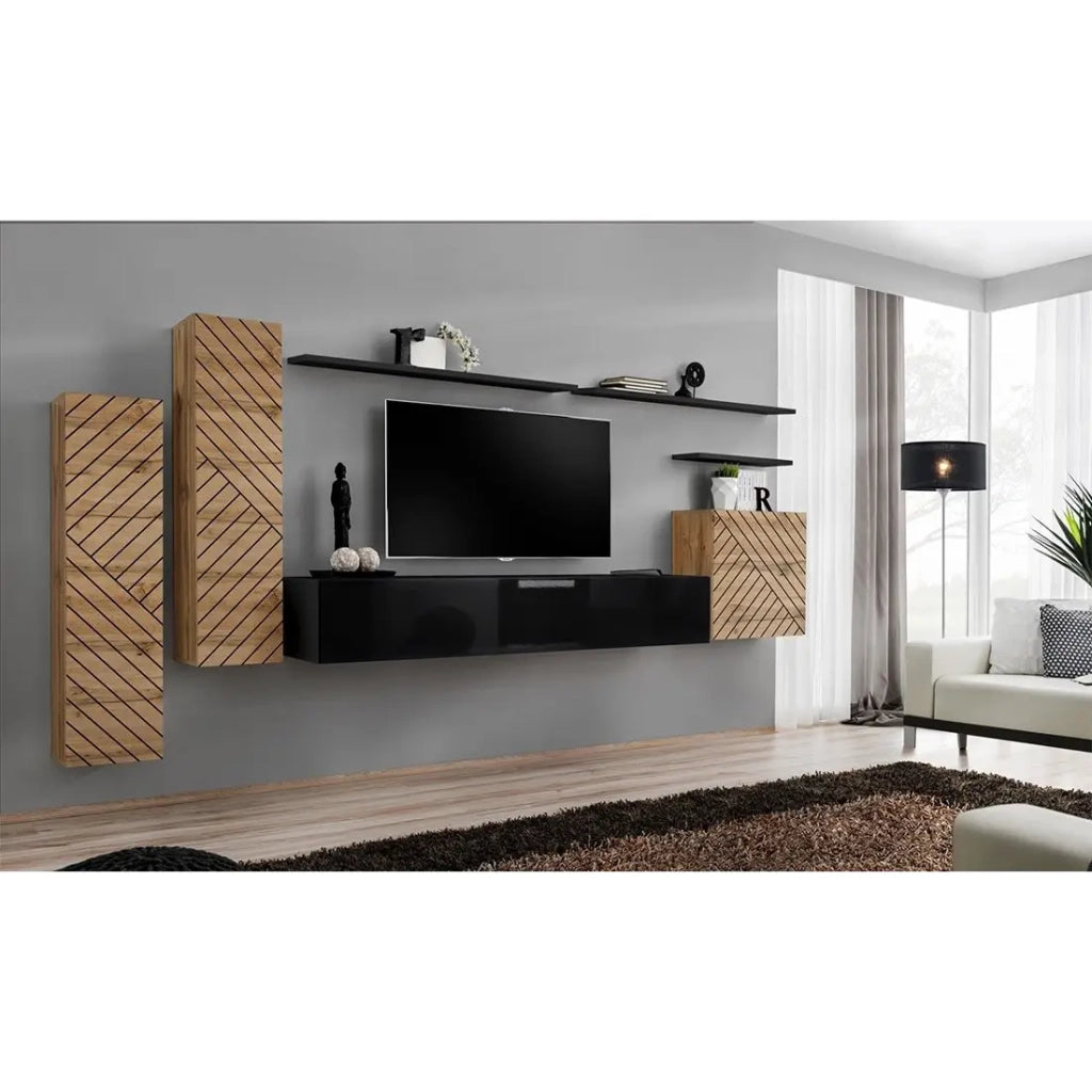 Mobile da soggiorno SWITCH I design, colore quercia wotan e nero. Finiture delle ante effetto quercia fresata.