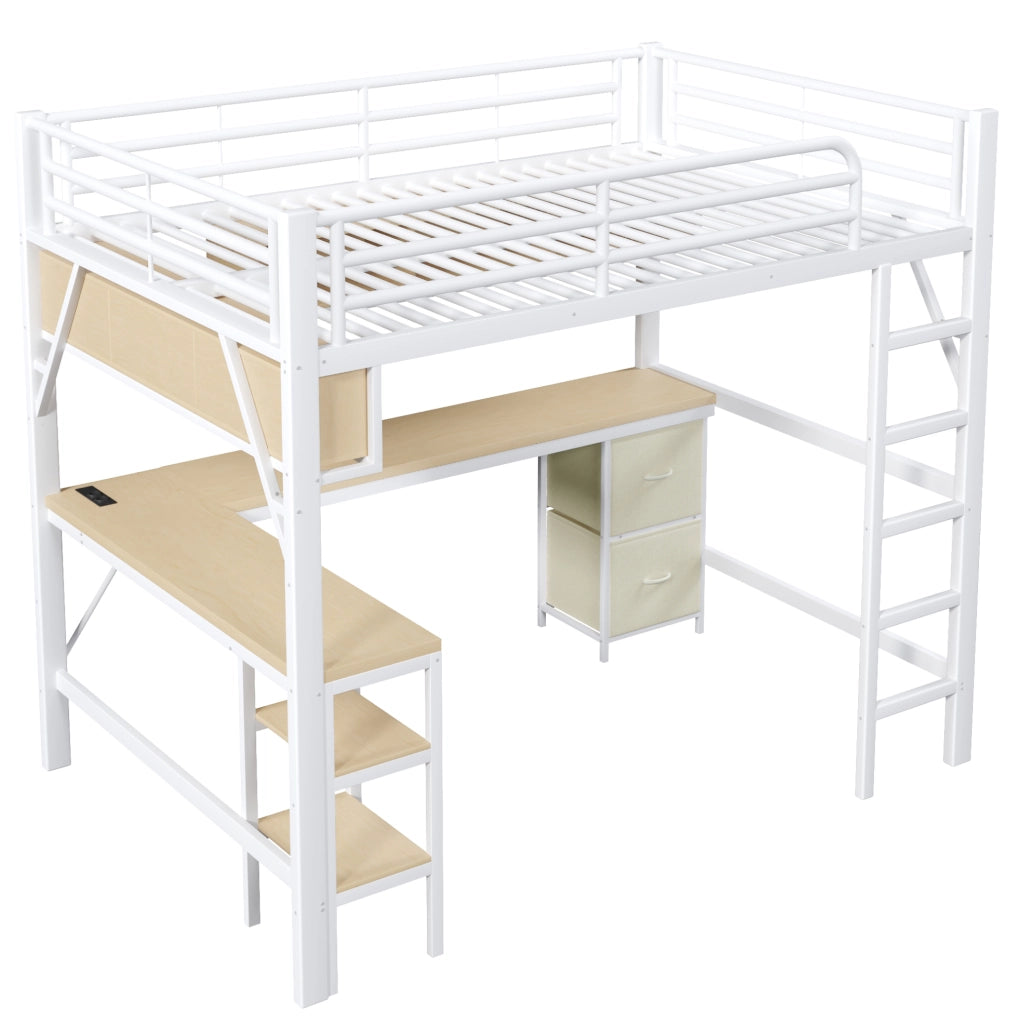 Letto a soppalco 140x200 cm in MDF e metallo bianco con scrivania; libreria; LED e vani contenitore