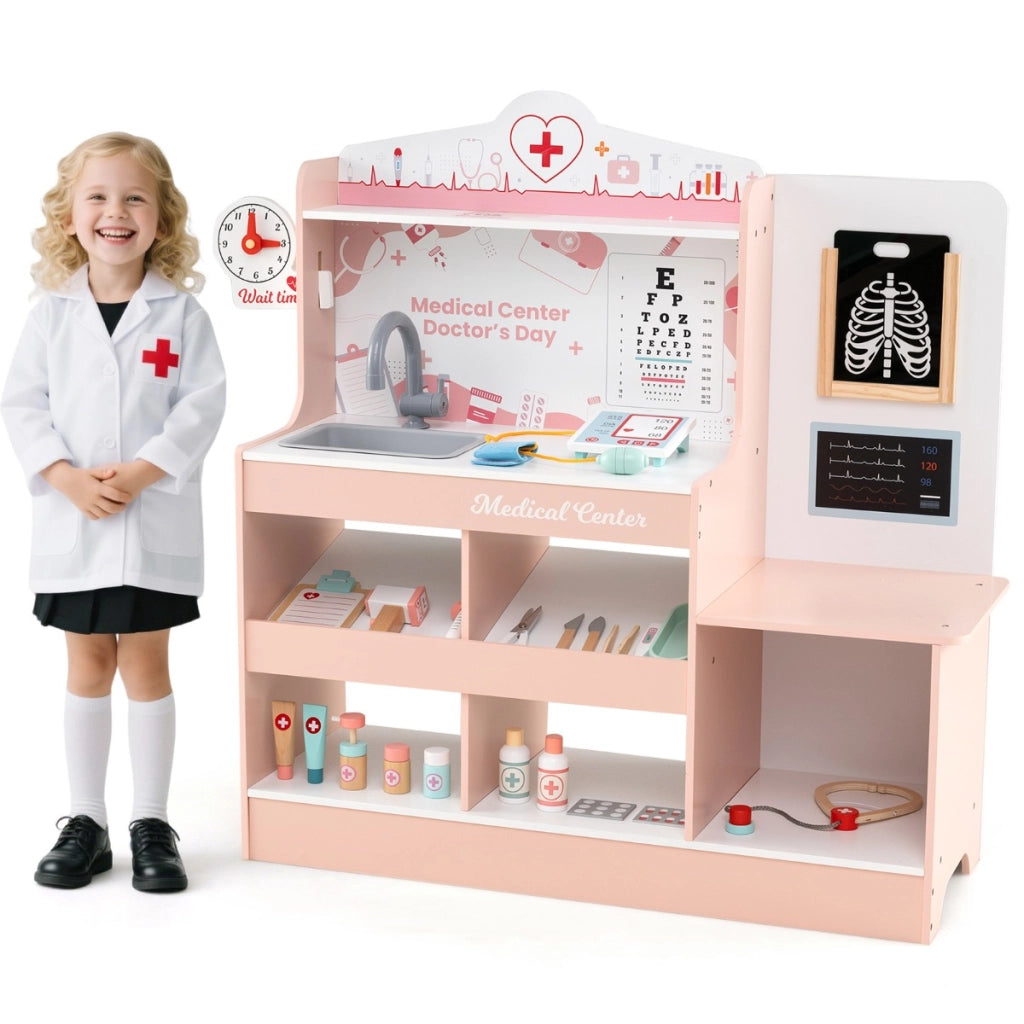 Ospedale finto centro medico per bambini con orologio tabella oculistica, Set da gioco dottore in legno monitor ECG Rosa-Cucine giocattoli