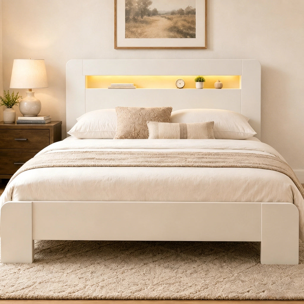 Letto ULEVR 140x200 cm con testiera contenitore, LED e prese integrate, bianco