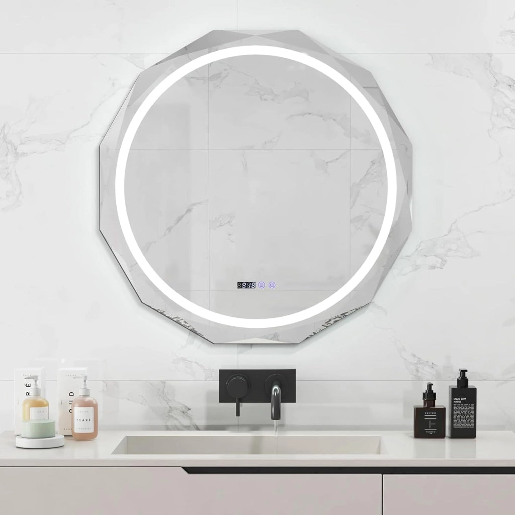 Specchio da Parete 76 x 76cm, Specchio Rotondo con Merletto con Temperatura di 3 Colori Continuamente Regolabili, Resistente agli Urti, Memoria, Lettura di Tempo e Temperatura